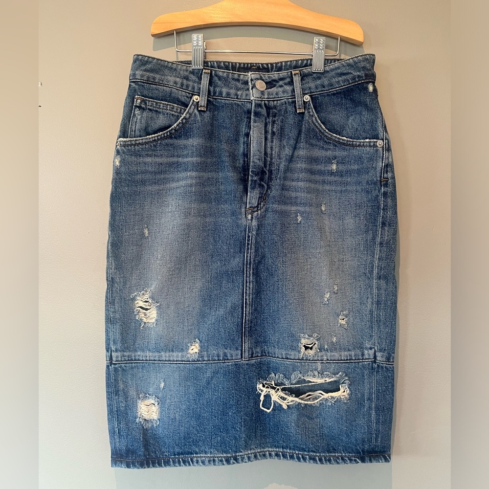 AGOLDE “amie” heavy distressed denim pencil skirt button fly zip front like new
